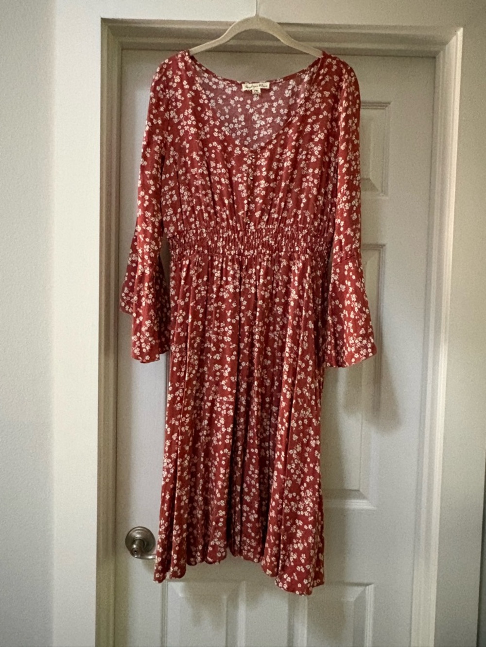 Smocked Waist Floral Midi Dress in Dusty Red